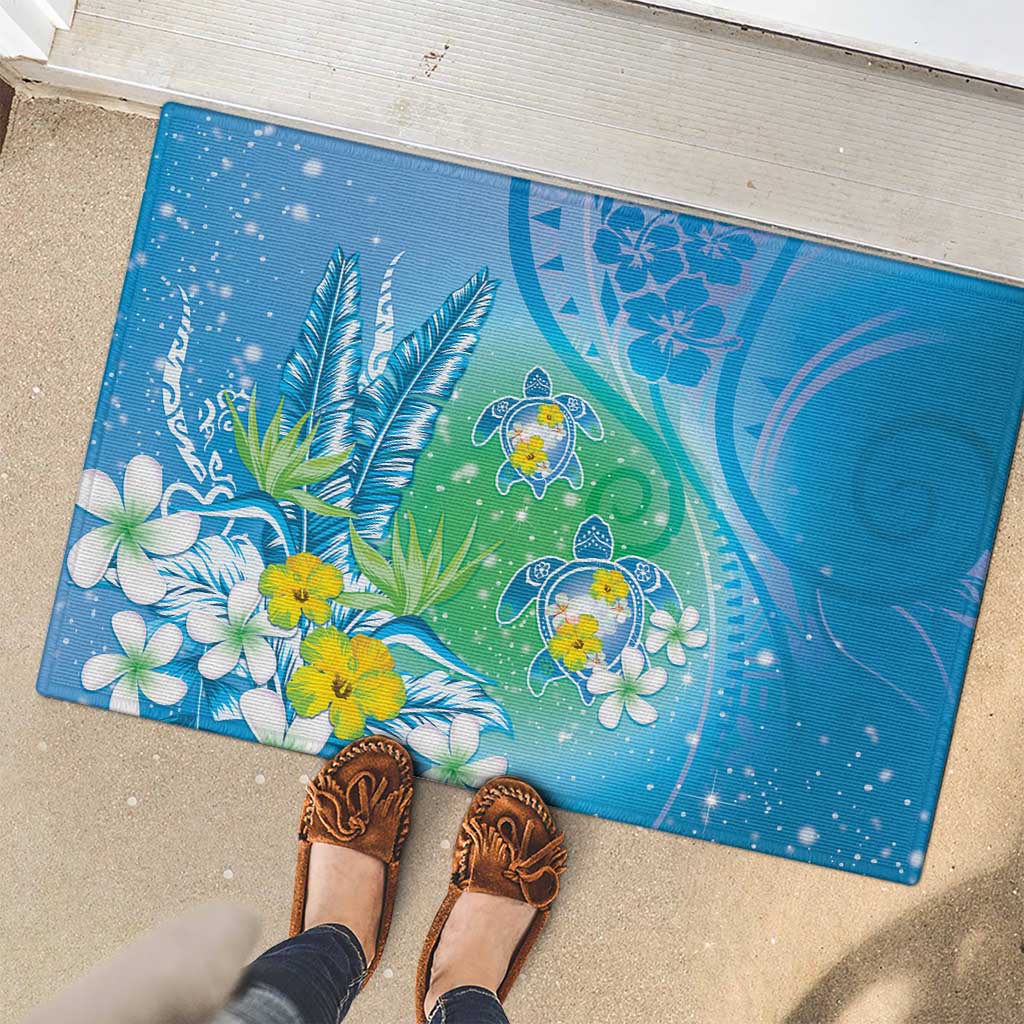 Hawaii Honu Rubber Doormat Tropical Flowers Blue Gradient LT05 - Polynesian Pride