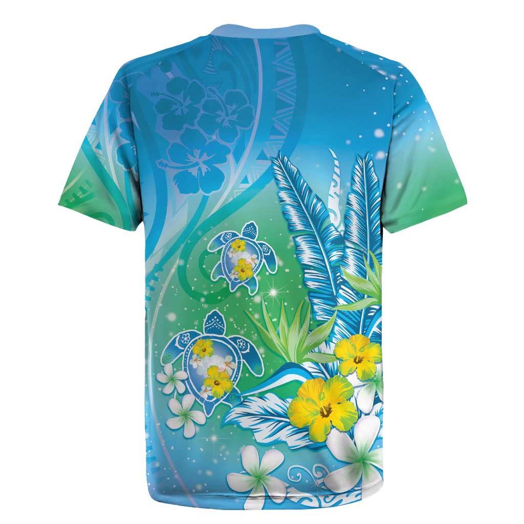 Hawaii Honu Rugby Jersey Tropical Flowers Blue Gradient LT05 - Polynesian Pride