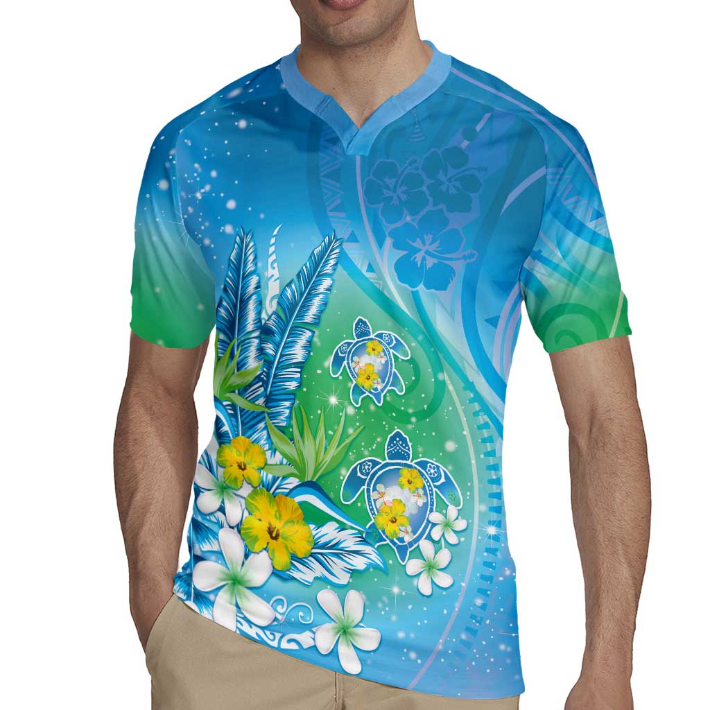 Hawaii Honu Rugby Jersey Tropical Flowers Blue Gradient LT05 - Polynesian Pride