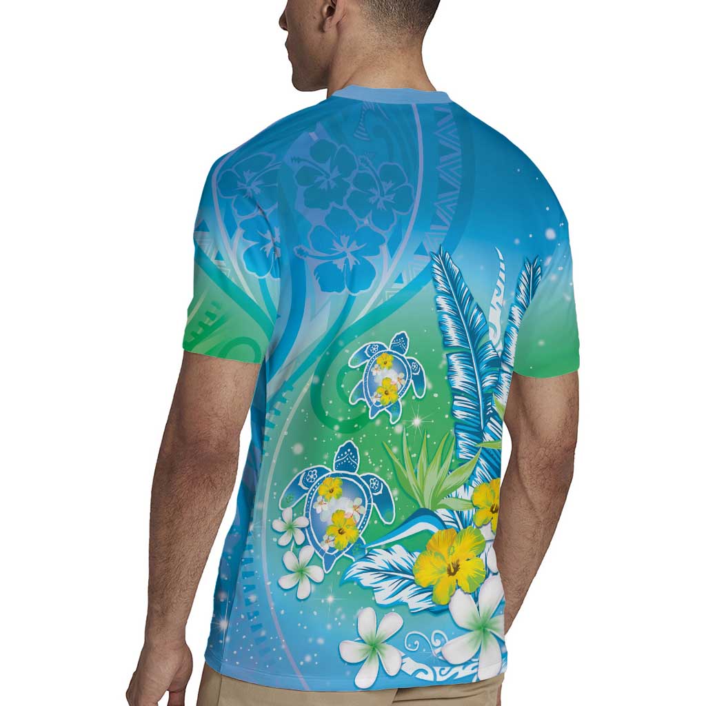 Hawaii Honu Rugby Jersey Tropical Flowers Blue Gradient LT05 - Polynesian Pride
