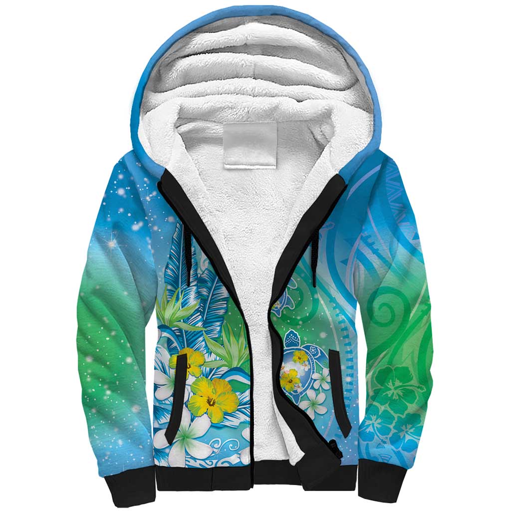 Hawaii Honu Sherpa Hoodie Tropical Flowers Blue Gradient LT05 Unisex Blue - Polynesian Pride