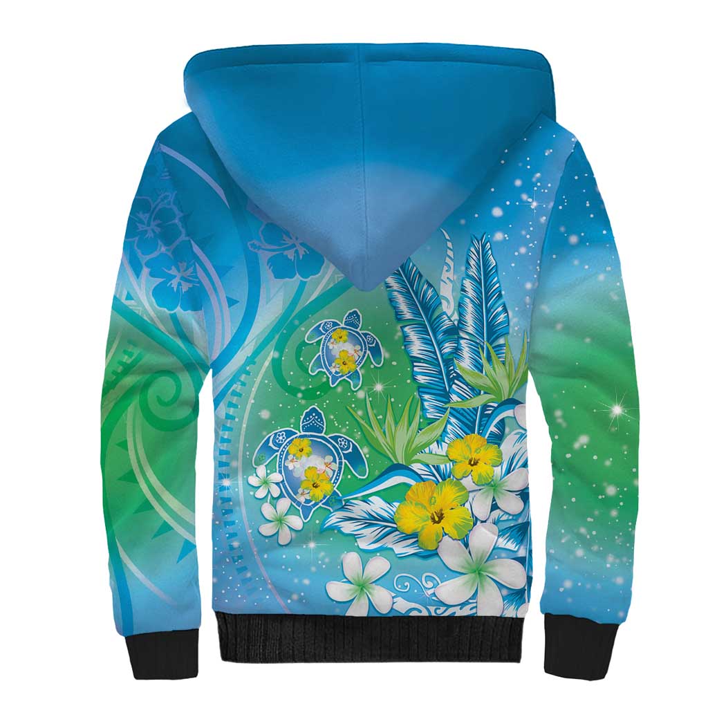 Hawaii Honu Sherpa Hoodie Tropical Flowers Blue Gradient LT05 - Polynesian Pride