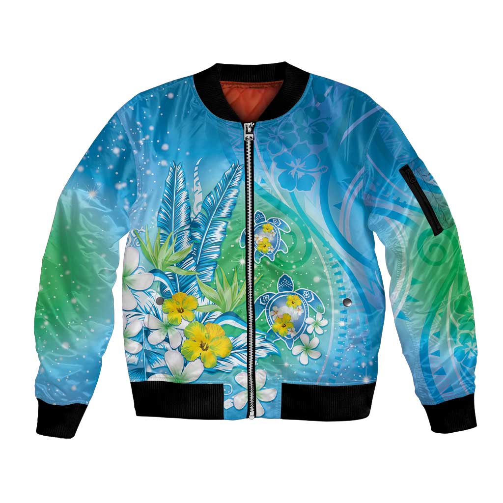Hawaii Honu Sleeve Zip Bomber Jacket - Tropical Flowers Blue Gradient LT05 Unisex Blue - Polynesian Pride