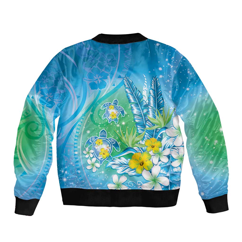Hawaii Honu Sleeve Zip Bomber Jacket - Tropical Flowers Blue Gradient LT05 - Polynesian Pride
