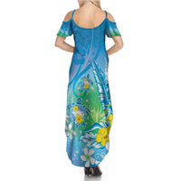 Hawaii Honu Summer Maxi Dress - Tropical Flowers Blue Gradient LT05 - Polynesian Pride
