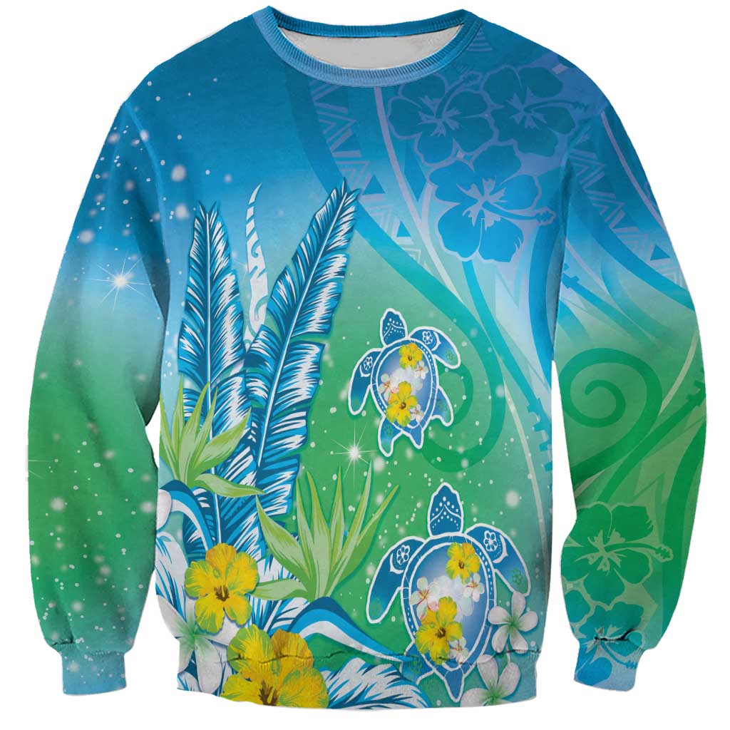 Hawaii Honu Sweatshirt Tropical Flowers Blue Gradient LT05 Unisex Blue - Polynesian Pride