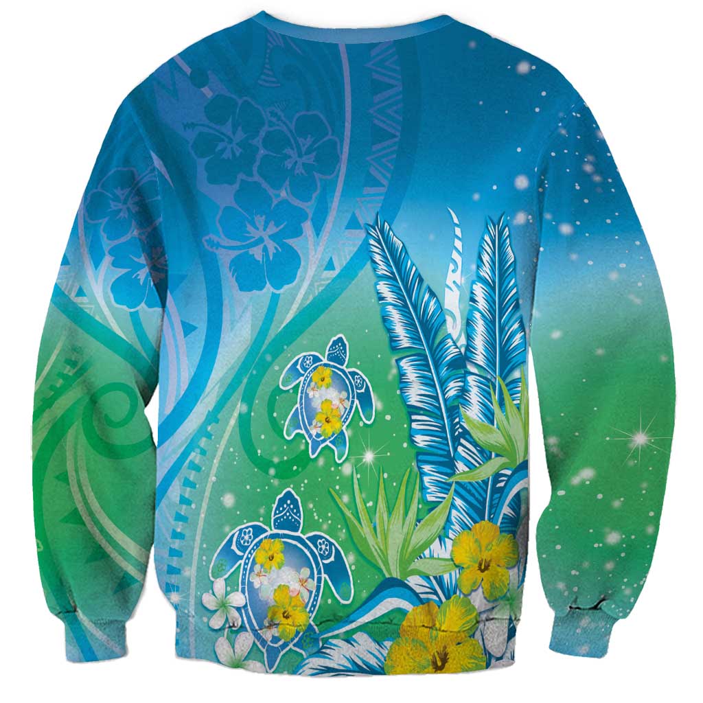 Hawaii Honu Sweatshirt Tropical Flowers Blue Gradient LT05 - Polynesian Pride