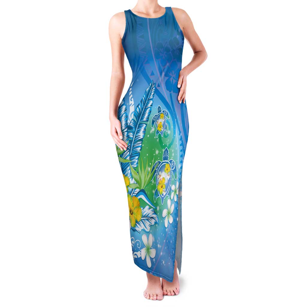Hawaii Honu Tank Maxi Dress - Tropical Flowers Blue Gradient LT05 Women Blue - Polynesian Pride