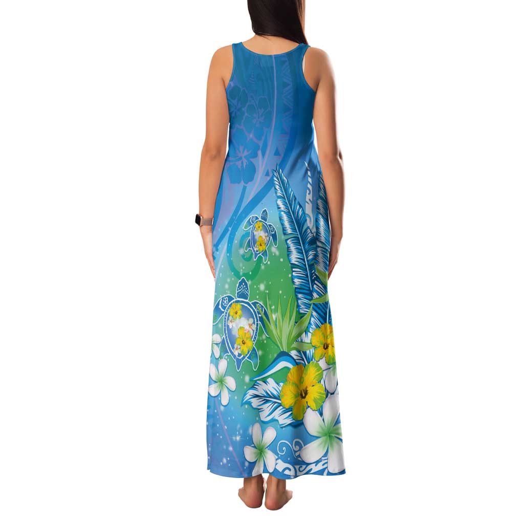 Hawaii Honu Tank Maxi Dress - Tropical Flowers Blue Gradient LT05 - Polynesian Pride
