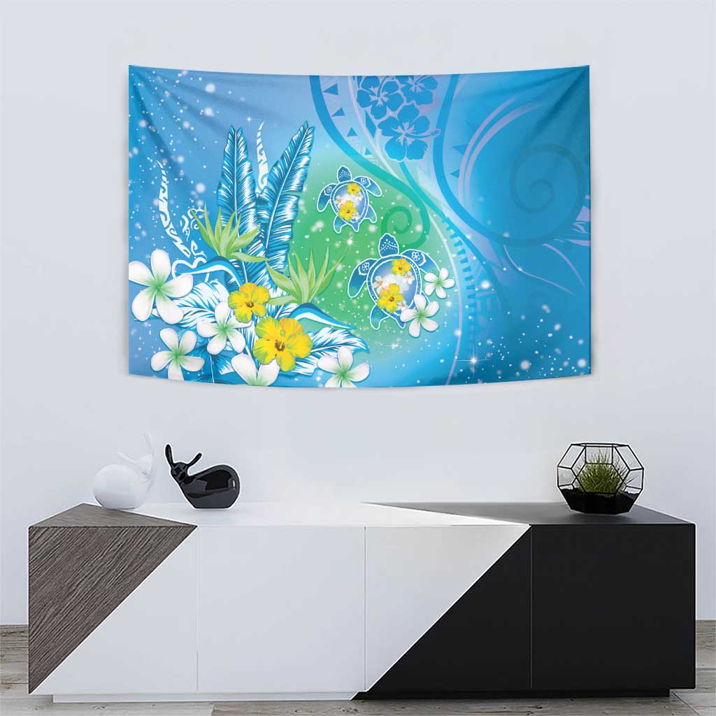 Hawaii Honu Tapestry Tropical Flowers Blue Gradient