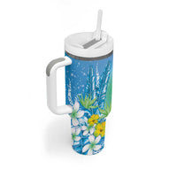 Hawaii Honu Tumbler With Handle Tropical Flowers Blue Gradient