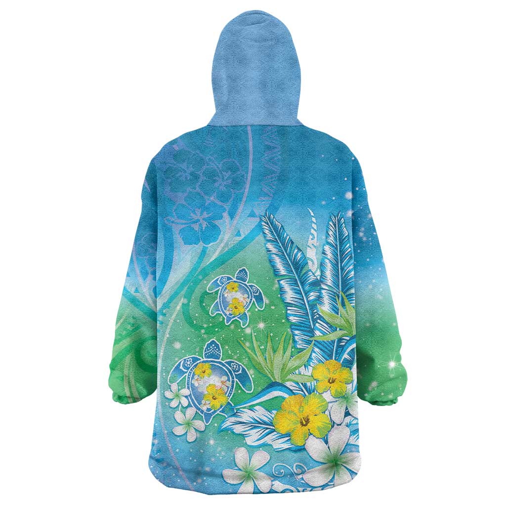 Hawaii Honu Wearable Blanket Hoodie Tropical Flowers Blue Gradient LT05 - Polynesian Pride