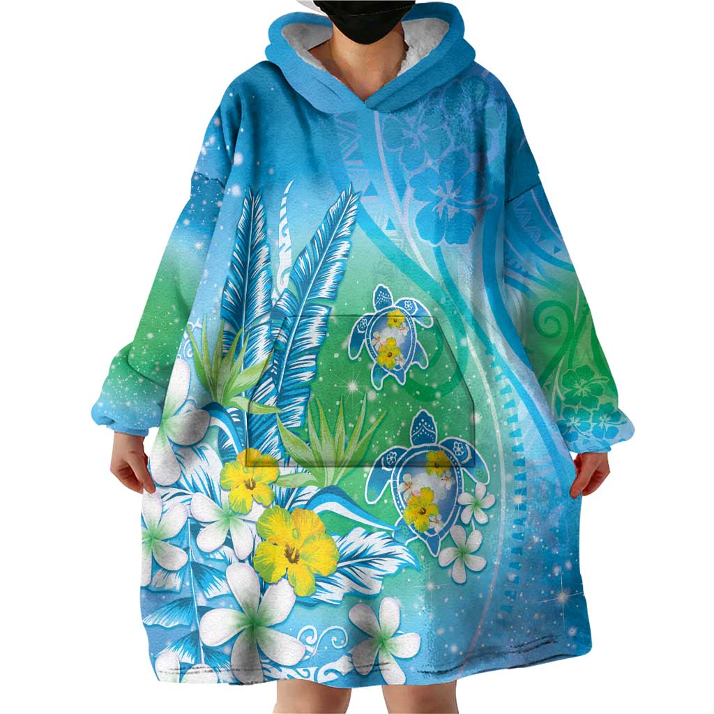 Hawaii Honu Wearable Blanket Hoodie Tropical Flowers Blue Gradient LT05 - Polynesian Pride