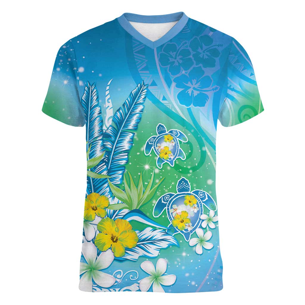 Hawaii Honu Women V-Neck T-Shirt Tropical Flowers Blue Gradient LT05 Female Blue - Polynesian Pride