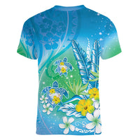 Hawaii Honu Women V-Neck T-Shirt Tropical Flowers Blue Gradient LT05 - Polynesian Pride