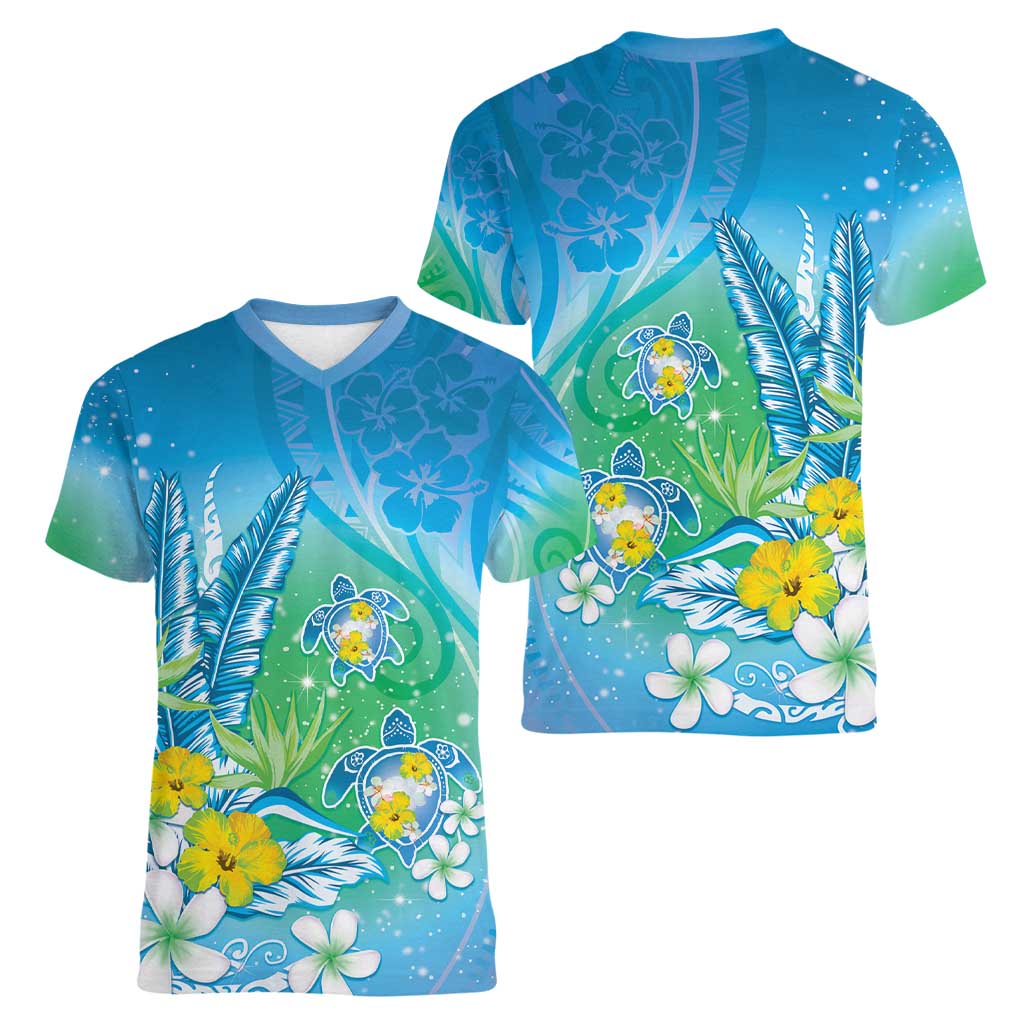 Hawaii Honu Women V-Neck T-Shirt Tropical Flowers Blue Gradient LT05 - Polynesian Pride
