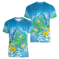 Hawaii Honu Women V-Neck T-Shirt Tropical Flowers Blue Gradient LT05 - Polynesian Pride