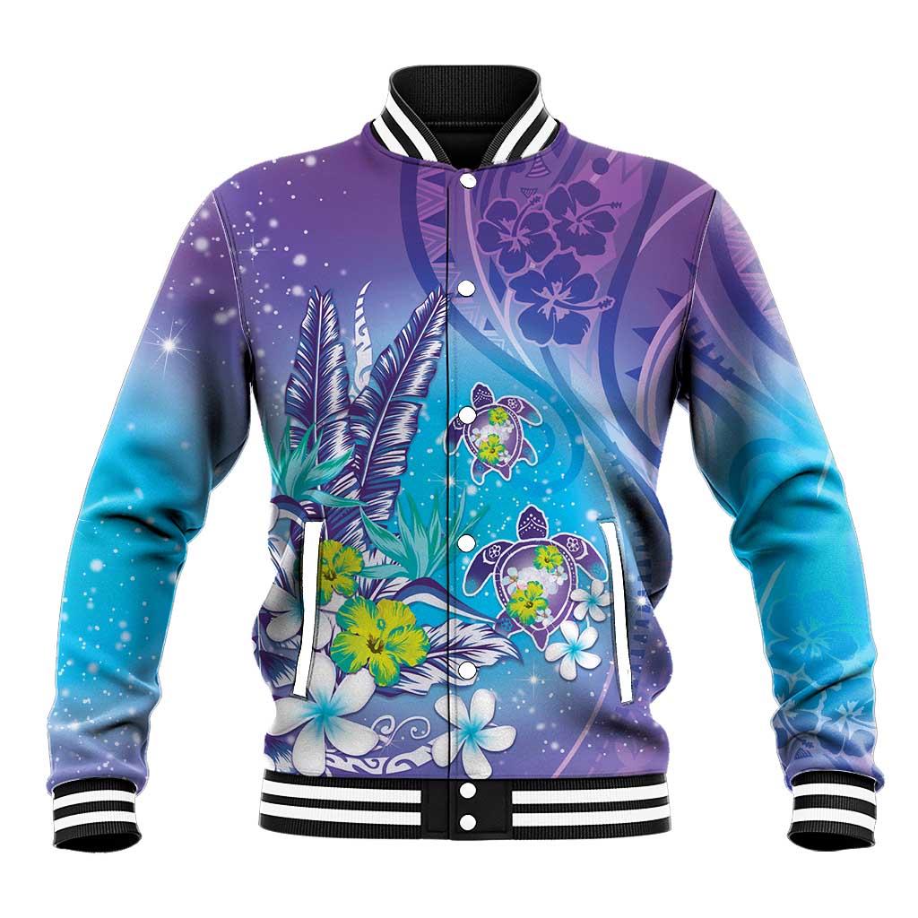 Hawaii Honu Baseball Jacket Tropical Flowers Purple Gradient LT05 Unisex Purple - Polynesian Pride