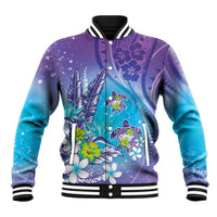 Hawaii Honu Baseball Jacket Tropical Flowers Purple Gradient LT05 Unisex Purple - Polynesian Pride