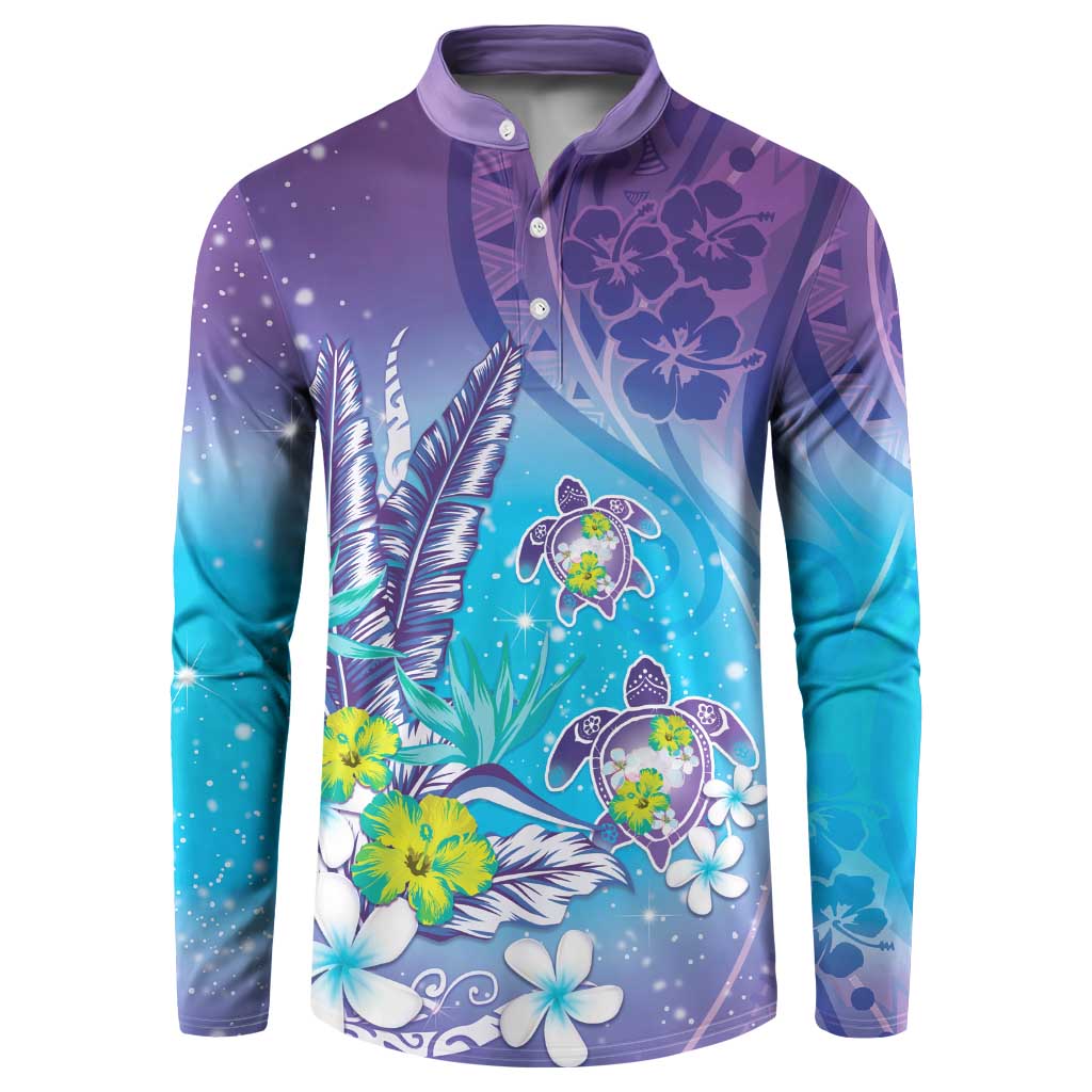 Hawaii Honu Button Sweatshirt Tropical Flowers Purple Gradient LT05 Purple - Polynesian Pride
