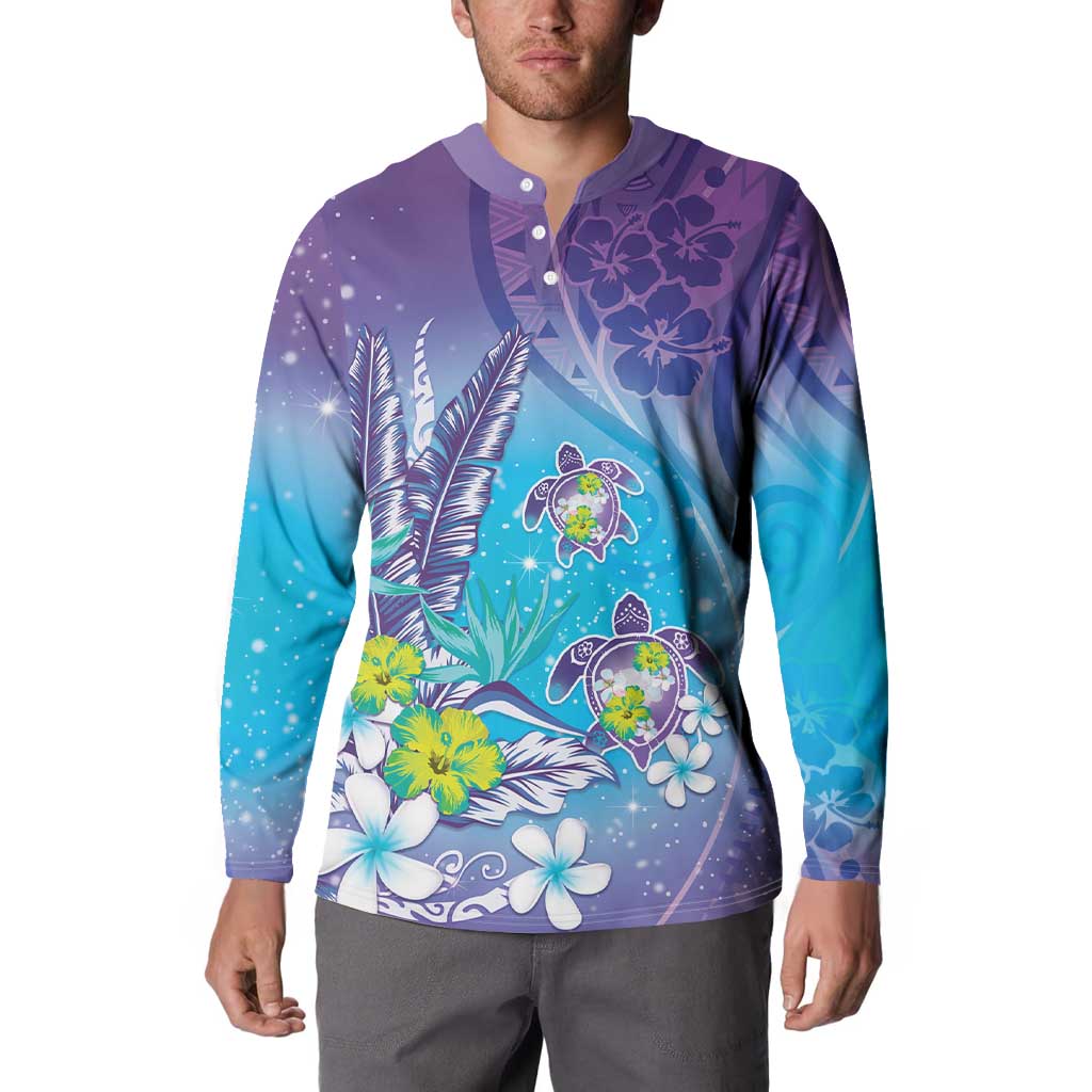 Hawaii Honu Button Sweatshirt Tropical Flowers Purple Gradient LT05 - Polynesian Pride