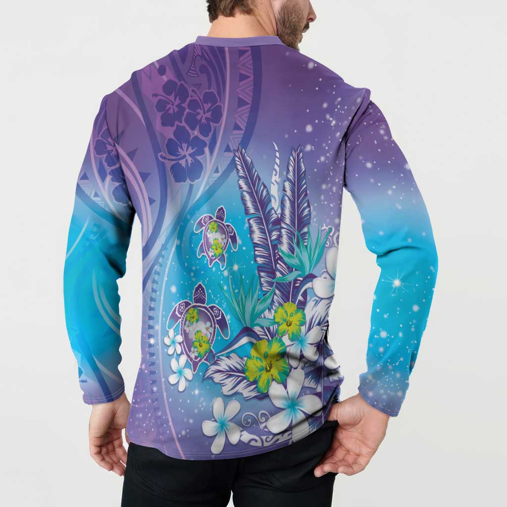 Hawaii Honu Button Sweatshirt Tropical Flowers Purple Gradient LT05 - Polynesian Pride