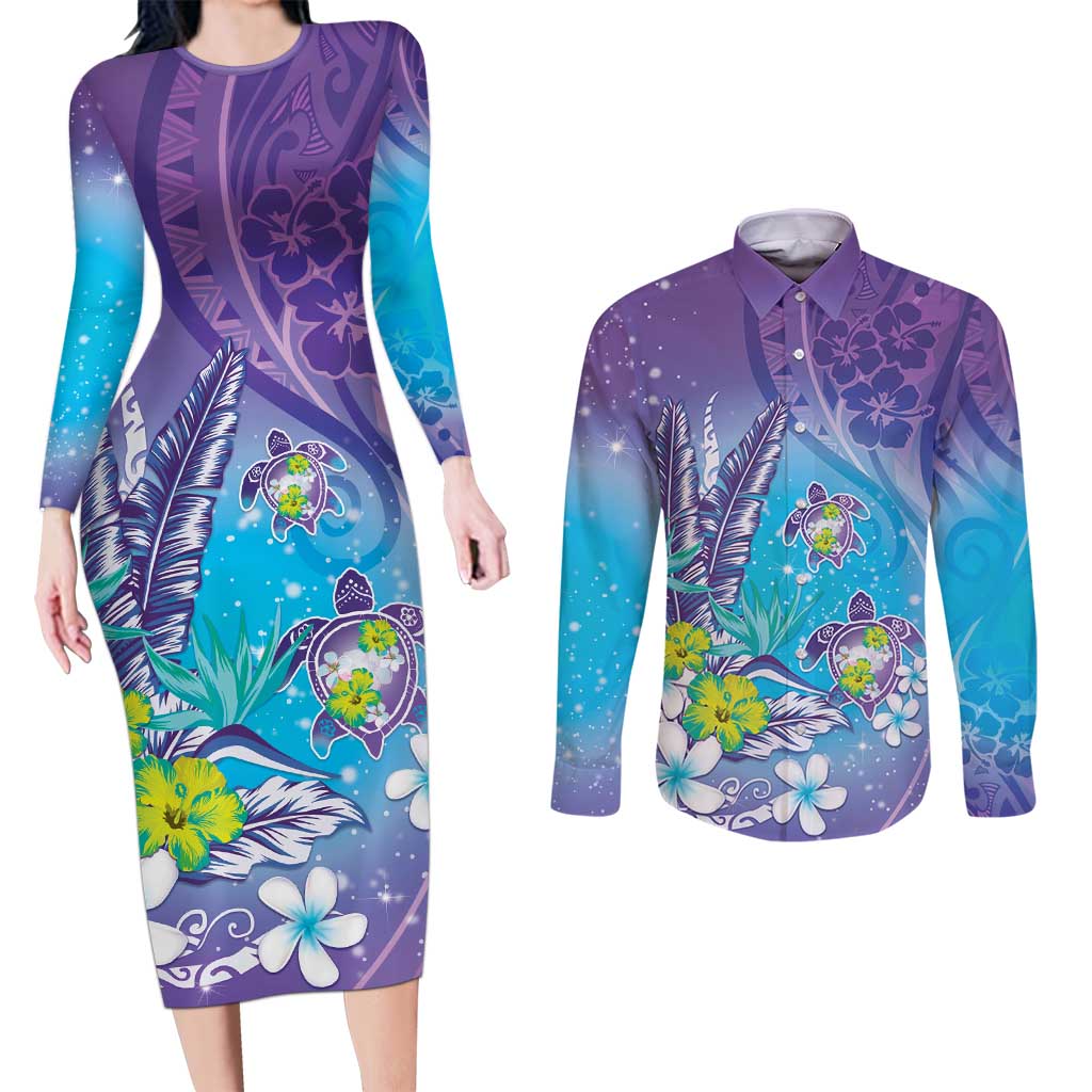 Hawaii Honu Couples Matching Long Sleeve Bodycon Dress and Long Sleeve Button Shirt Tropical Flowers Purple Gradient LT05 Purple - Polynesian Pride