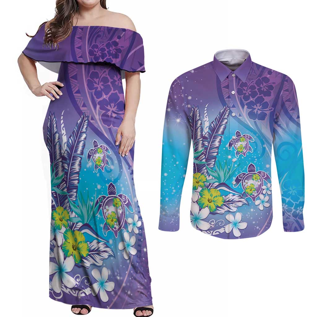 Hawaii Honu Couples Matching Off Shoulder Maxi Dress and Long Sleeve Button Shirt Tropical Flowers Purple Gradient LT05 Purple - Polynesian Pride