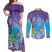 Hawaii Honu Couples Matching Off Shoulder Maxi Dress and Long Sleeve Button Shirt Tropical Flowers Purple Gradient LT05 Purple - Polynesian Pride