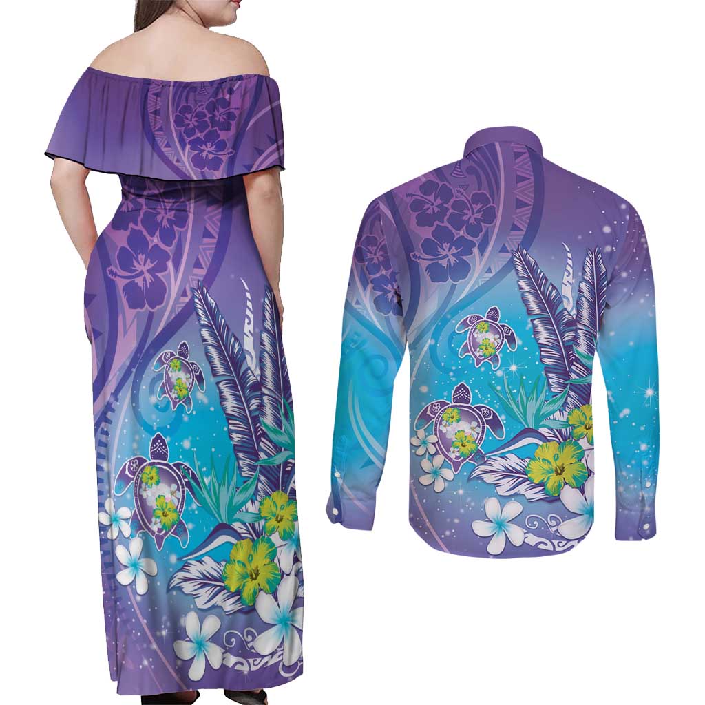Hawaii Honu Couples Matching Off Shoulder Maxi Dress and Long Sleeve Button Shirt Tropical Flowers Purple Gradient LT05 - Polynesian Pride