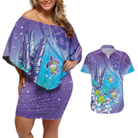 Hawaii Honu Couples Matching Off Shoulder Short Dress and Hawaiian Shirt Tropical Flowers Purple Gradient LT05 Purple - Polynesian Pride