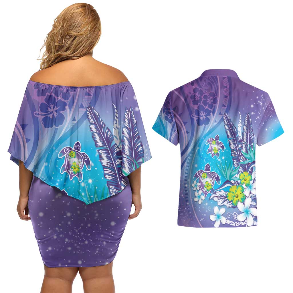 Hawaii Honu Couples Matching Off Shoulder Short Dress and Hawaiian Shirt Tropical Flowers Purple Gradient LT05 - Polynesian Pride
