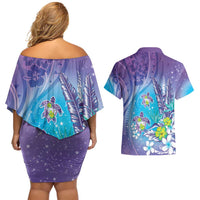 Hawaii Honu Couples Matching Off Shoulder Short Dress and Hawaiian Shirt Tropical Flowers Purple Gradient LT05 - Polynesian Pride
