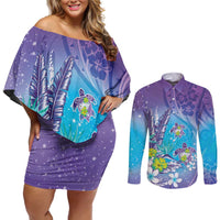 Hawaii Honu Couples Matching Off Shoulder Short Dress and Long Sleeve Button Shirt Tropical Flowers Purple Gradient LT05 Purple - Polynesian Pride