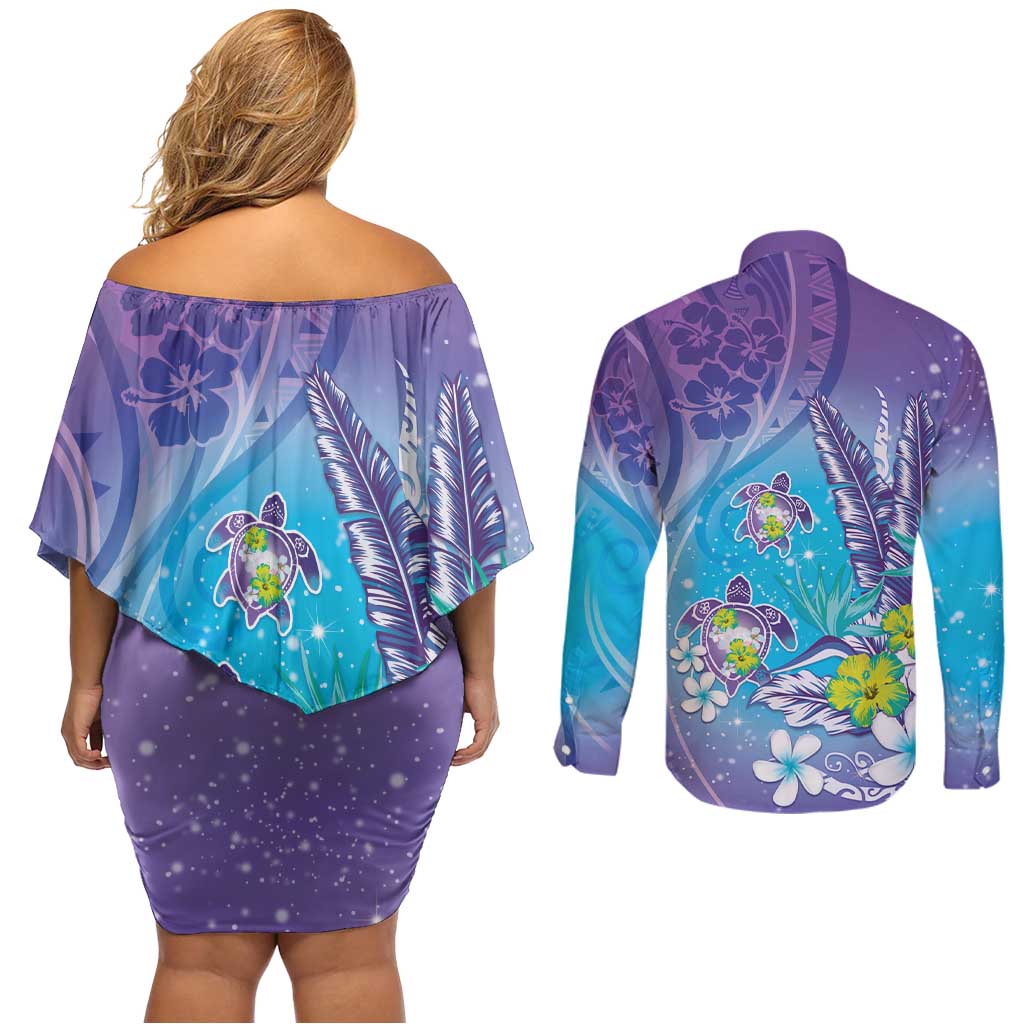 Hawaii Honu Couples Matching Off Shoulder Short Dress and Long Sleeve Button Shirt Tropical Flowers Purple Gradient LT05 - Polynesian Pride