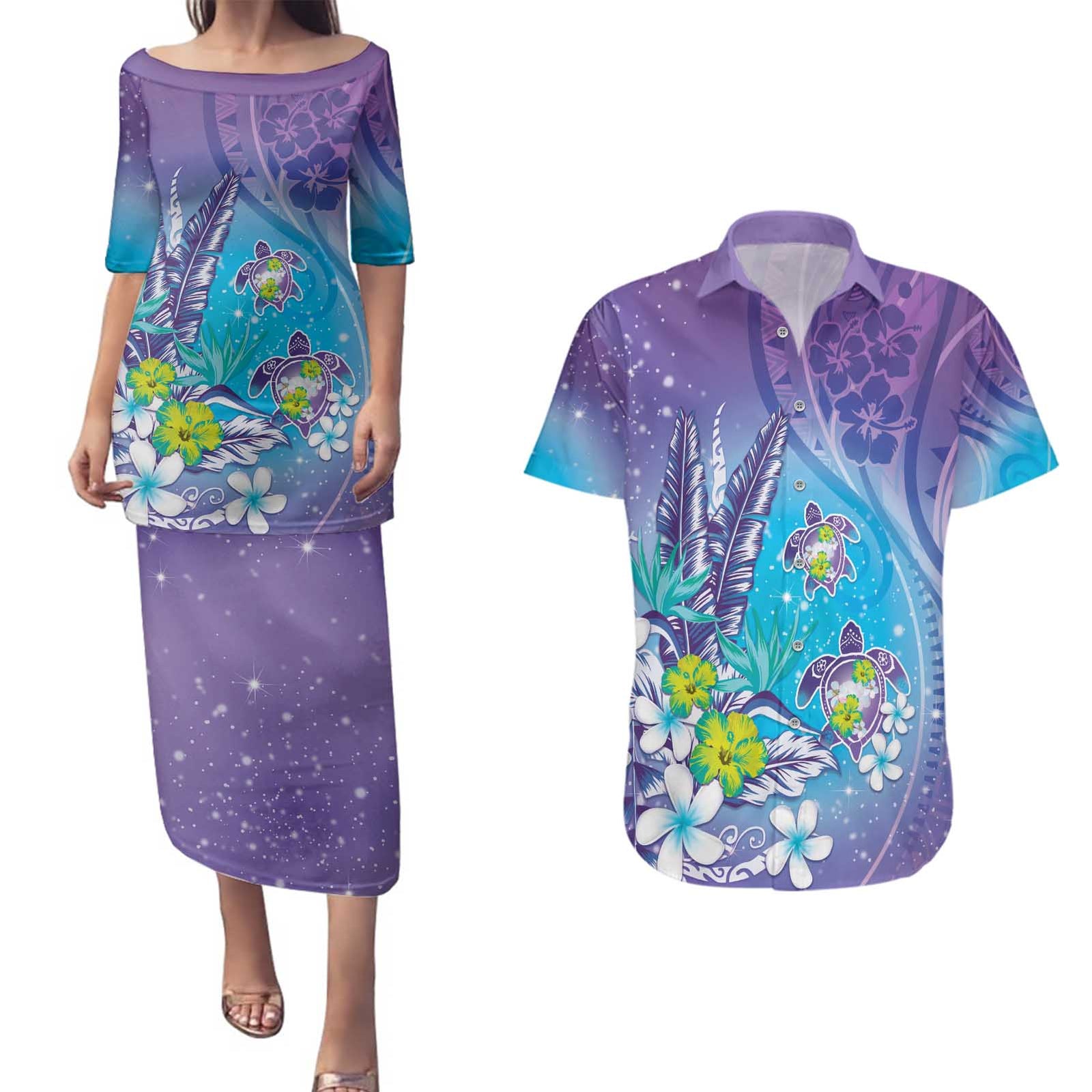 Hawaii Honu Couples Matching Puletasi and Hawaiian Shirt Tropical Flowers Purple Gradient LT05 Purple - Polynesian Pride