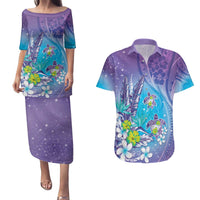Hawaii Honu Couples Matching Puletasi and Hawaiian Shirt Tropical Flowers Purple Gradient LT05 Purple - Polynesian Pride