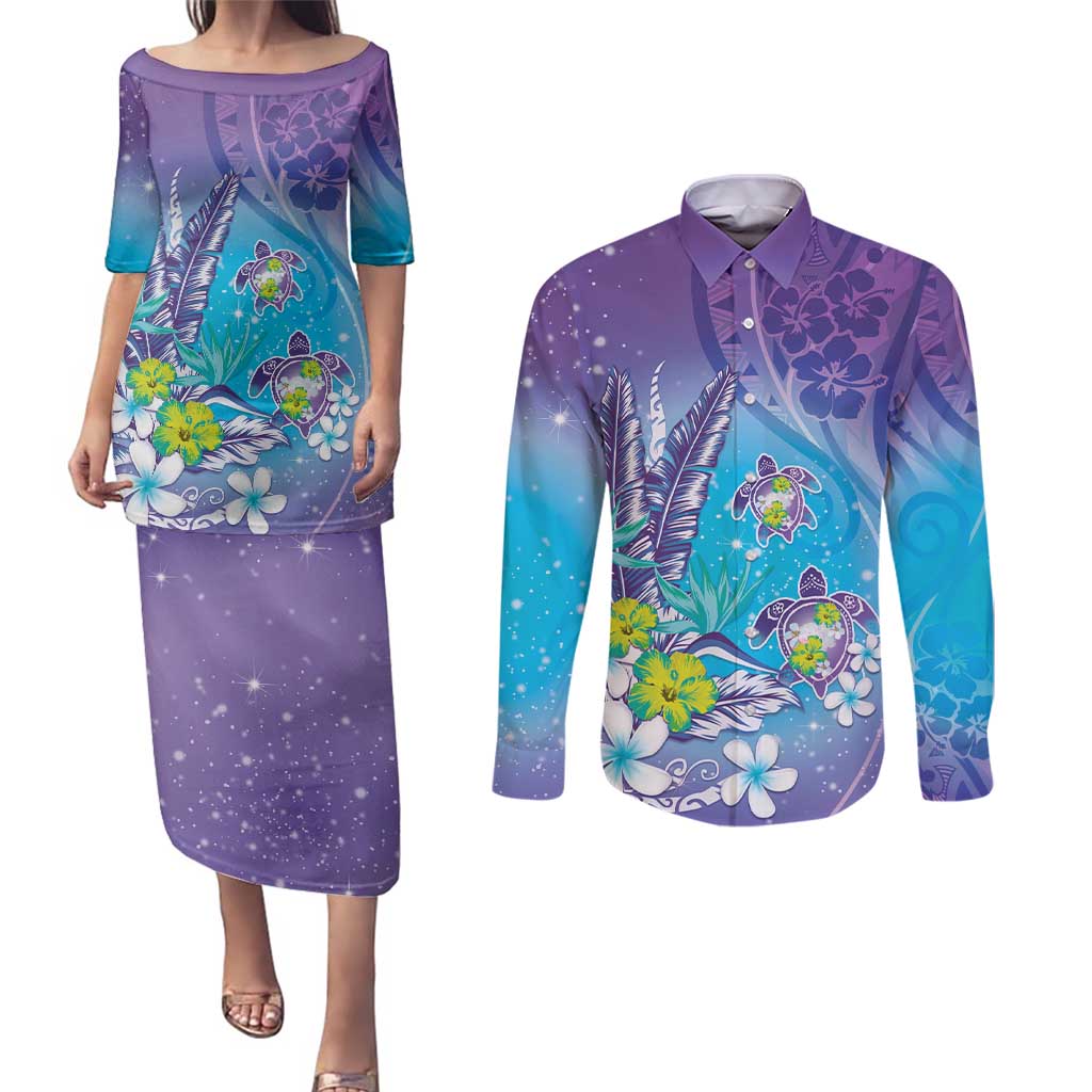 Hawaii Honu Couples Matching Puletasi and Long Sleeve Button Shirt Tropical Flowers Purple Gradient LT05 Purple - Polynesian Pride