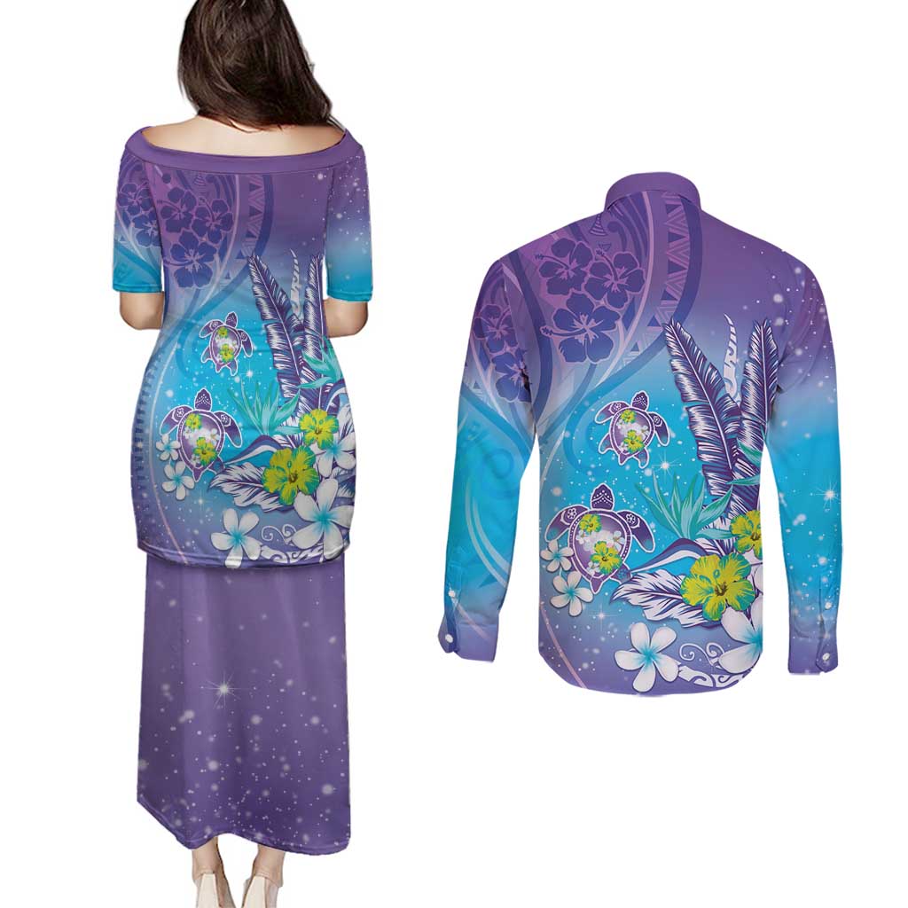 Hawaii Honu Couples Matching Puletasi and Long Sleeve Button Shirt Tropical Flowers Purple Gradient LT05 - Polynesian Pride