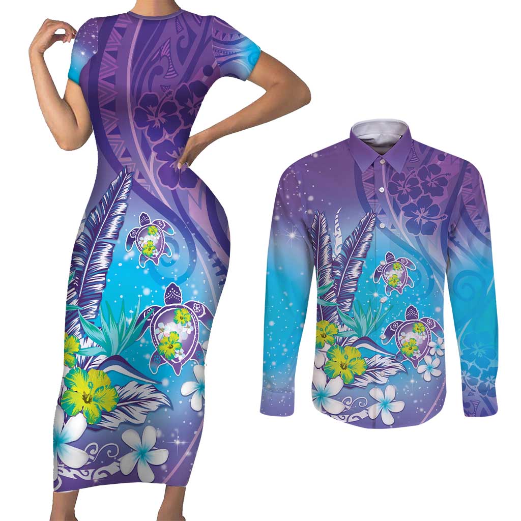 Hawaii Honu Couples Matching Short Sleeve Bodycon Dress and Long Sleeve Button Shirt Tropical Flowers Purple Gradient LT05 Purple - Polynesian Pride