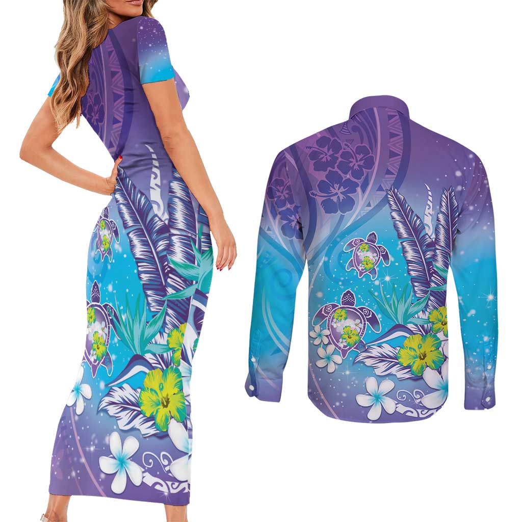 Hawaii Honu Couples Matching Short Sleeve Bodycon Dress and Long Sleeve Button Shirt Tropical Flowers Purple Gradient LT05 - Polynesian Pride