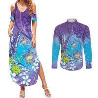 Hawaii Honu Couples Matching Summer Maxi Dress and Long Sleeve Button Shirt Tropical Flowers Purple Gradient LT05 Purple - Polynesian Pride
