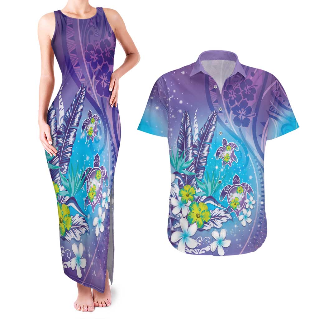 Hawaii Honu Couples Matching Tank Maxi Dress and Hawaiian Shirt - Tropical Flowers Purple Gradient LT05 Purple - Polynesian Pride