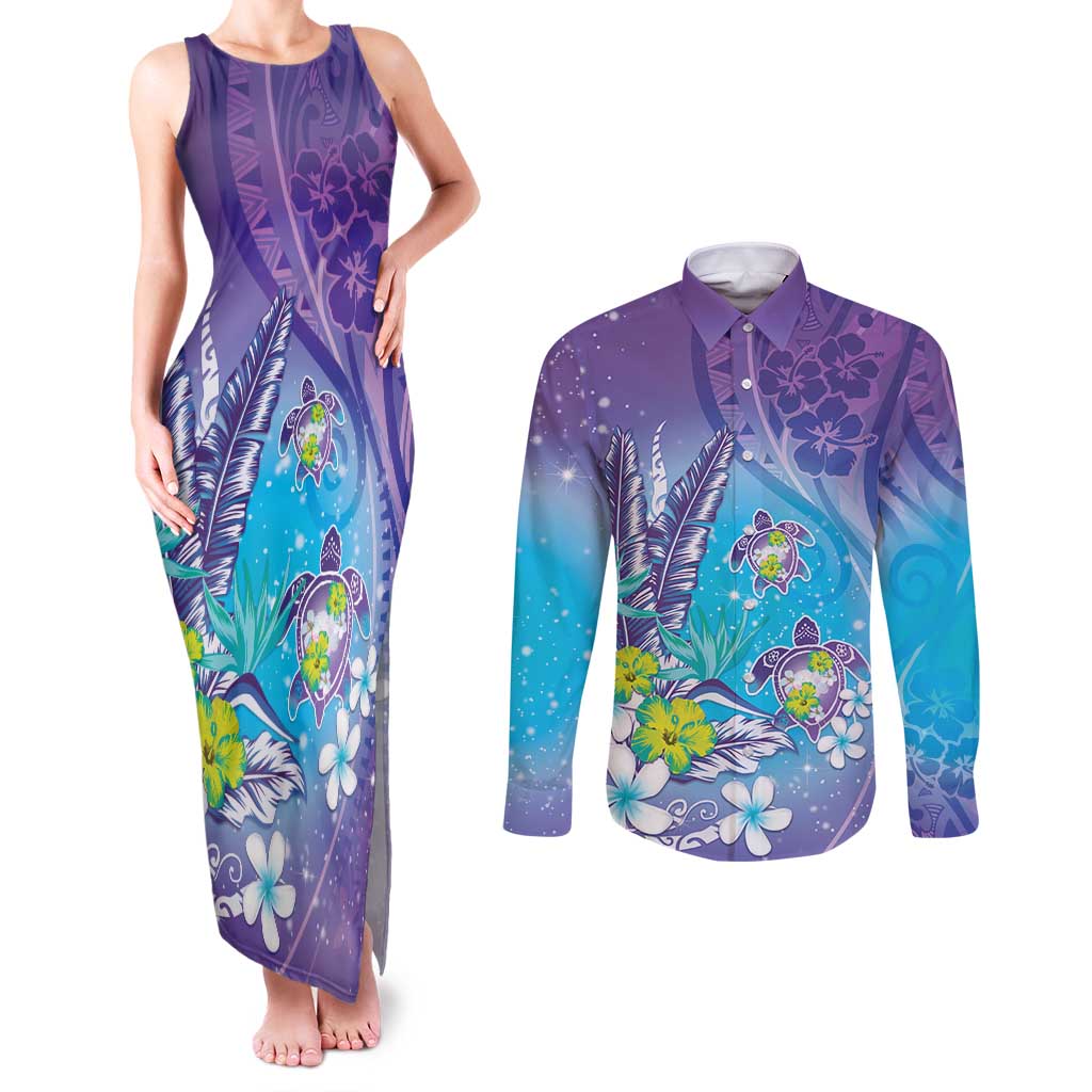 Hawaii Honu Couples Matching Tank Maxi Dress and Long Sleeve Button Shirt - Tropical Flowers Purple Gradient LT05 Purple - Polynesian Pride