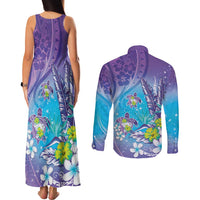Hawaii Honu Couples Matching Tank Maxi Dress and Long Sleeve Button Shirt - Tropical Flowers Purple Gradient LT05 - Polynesian Pride