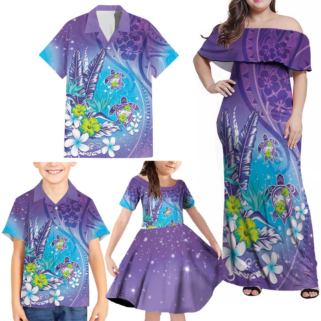 Hawaii Honu Family Matching Off Shoulder Maxi Dress and Hawaiian Shirt Tropical Flowers Purple Gradient