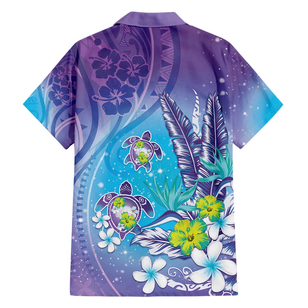 Hawaii Honu Family Matching Off Shoulder Maxi Dress and Hawaiian Shirt Tropical Flowers Purple Gradient