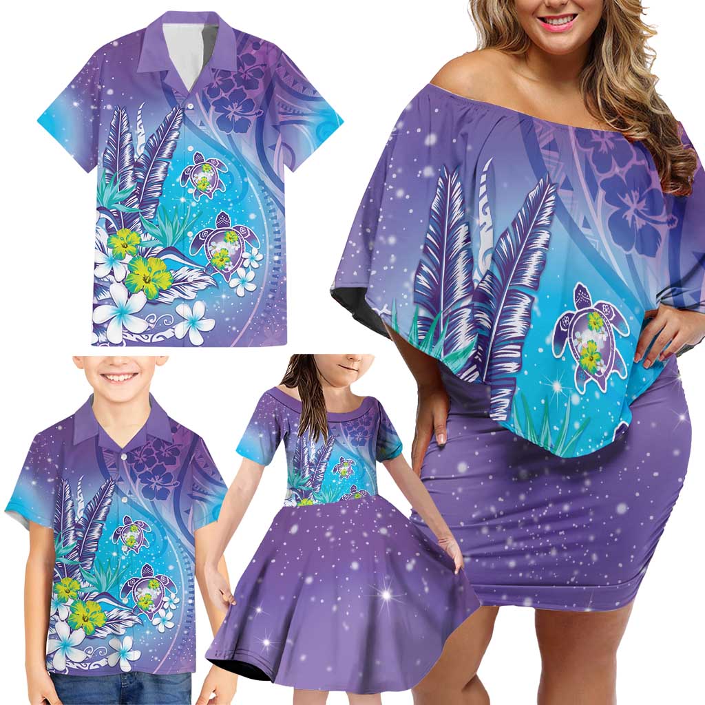 Hawaii Honu Family Matching Off Shoulder Short Dress and Hawaiian Shirt Tropical Flowers Purple Gradient