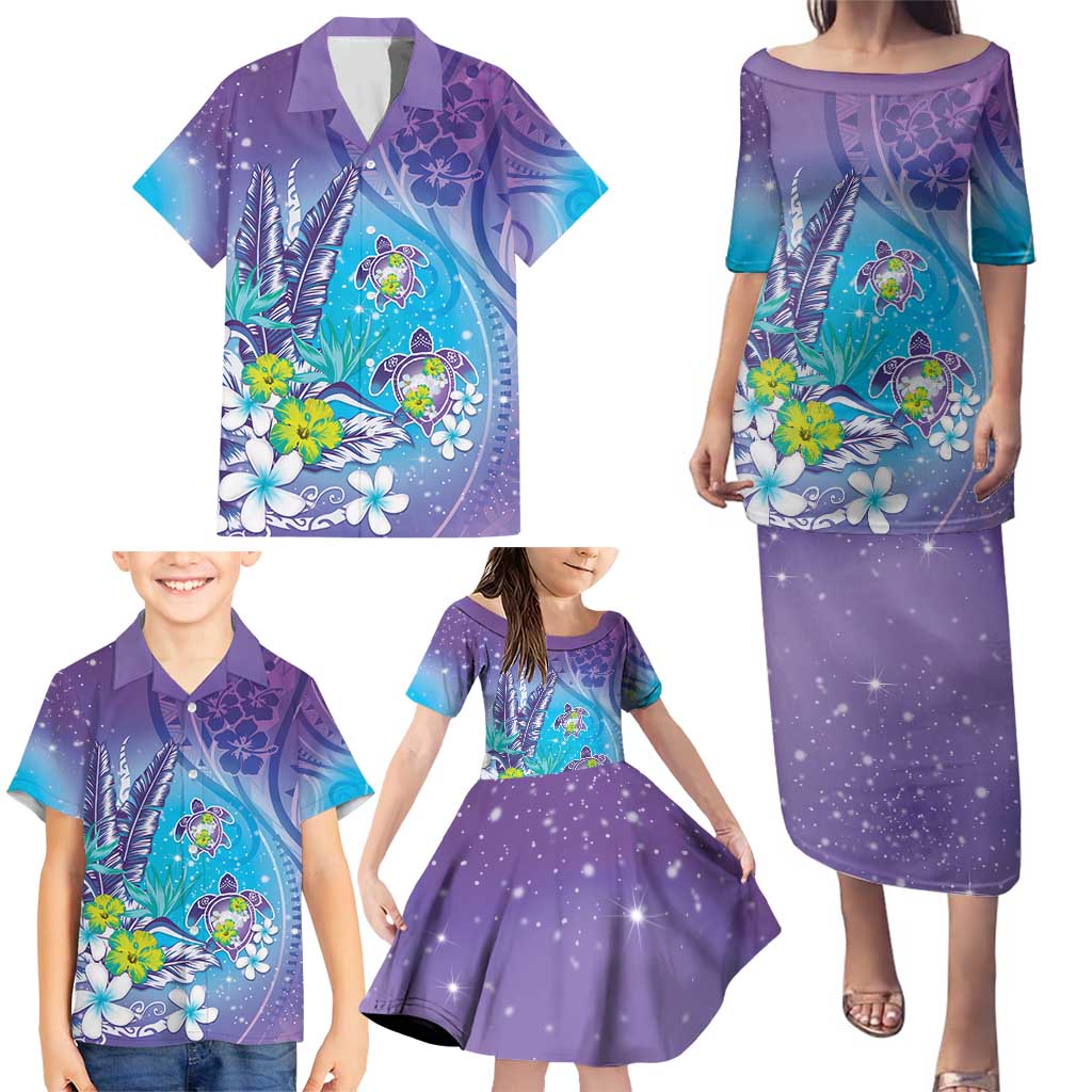 Hawaii Honu Family Matching Puletasi and Hawaiian Shirt Tropical Flowers Purple Gradient