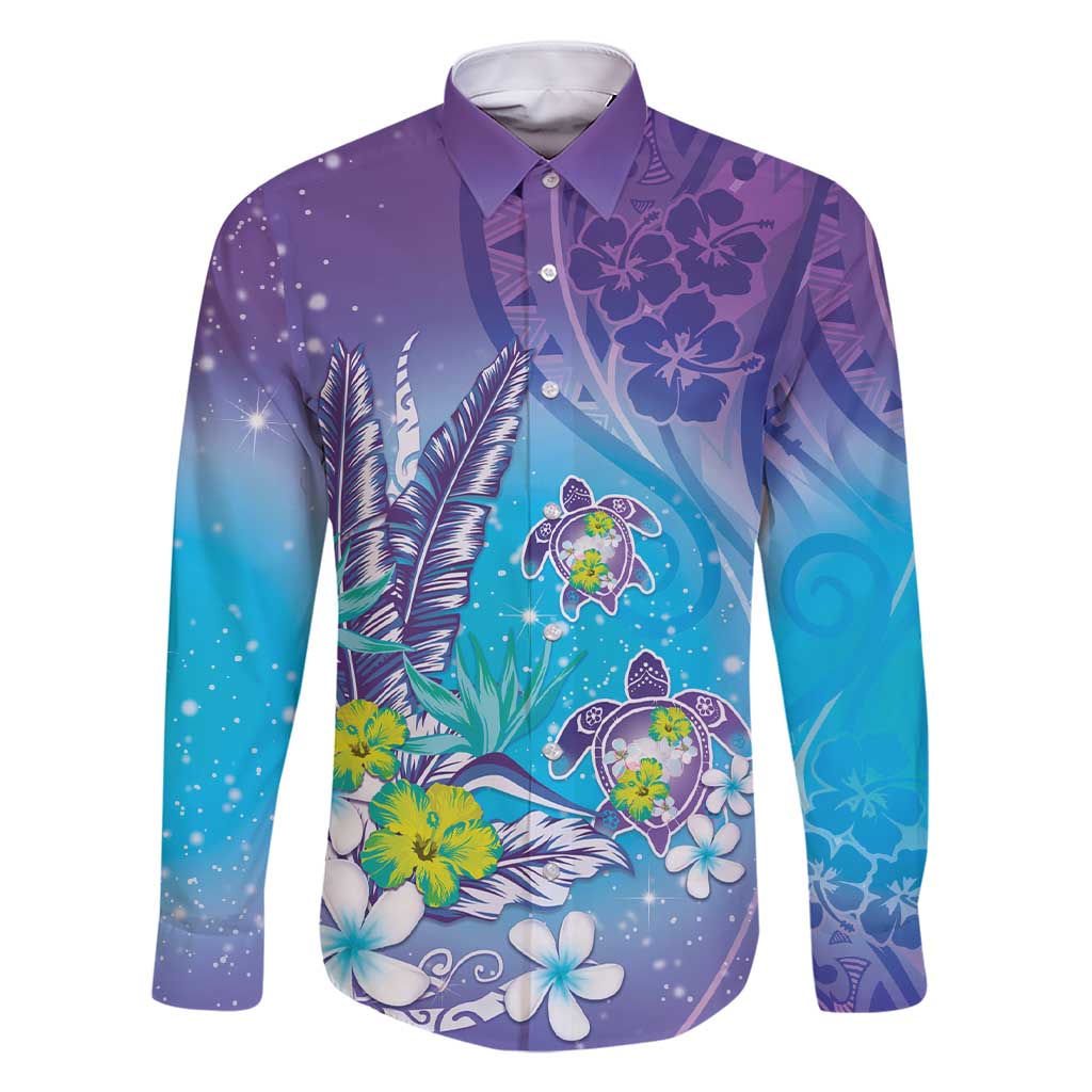 Hawaii Honu Family Matching Short Sleeve Bodycon Dress and Hawaiian Shirt Tropical Flowers Purple Gradient